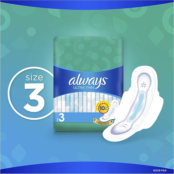 Always Ultra Thin Size 3 Extra Long Super Pads With Wings Unscented, 28 Count