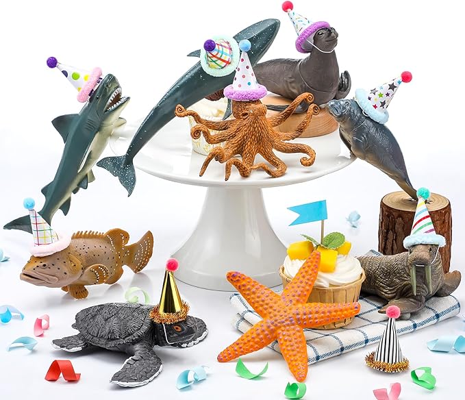 18 Pcs Sea Animal Birthday Party Decorations Mini Birthday Hat Animal Figure Model Cake Toppers with Mini Hat for Animals Themed Party