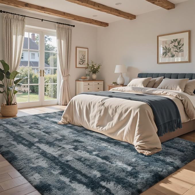 4x6 Feet Area Rugs for Bedroom, Grey and Blue Plush Fluffy Shaggy Living Room Rugs Non-Slip, Ultra Soft Carpet for Nursery Kids PlayRoom Dorm Office Indoor