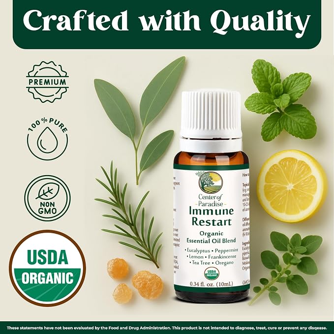 Center of Paradise Immune Restart Organic Essential Oil Blend, USDA Organic, 10 mL, Eucalyptus, Peppermint, Tea Tree, Lemon, Frankincense & Oregano for Diffuser & Aromatherapy