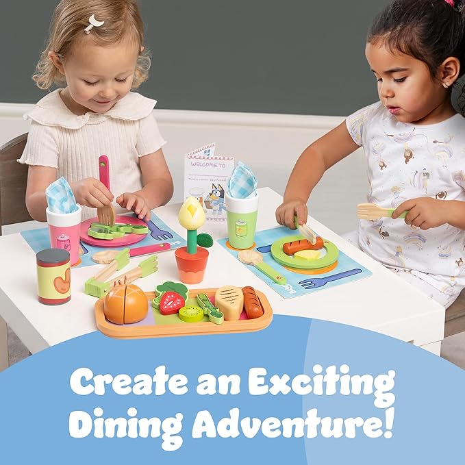 Bluey - Dine in with Bluey Set, 32-Piece Wooden Toy Set with Magic Asparagus, Plates, Utensils & More, Perfect for Role-Play & Imaginative Fun, FSC-Certified, Suitable for 3 Years & Up