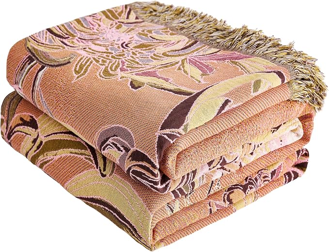 VANJOROY Boho Throw Blanket 80" x 90", 100% Organic Cotton Breathable Skin-Friendly Ultra Soft Bed Quilt Throw - Floral Rustic Decor Luxury Reversible Blanket for Sofa Couch Chair and Gift,