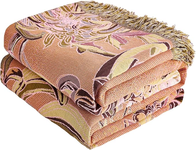 VANJOROY Boho Throw Blanket 60" x 80", 100% Organic Cotton Breathable Skin-Friendly Ultra Soft Bed Quilt Throw - Floral Rustic Decor Luxury Reversible Blanket for Sofa Couch Chair and Gift,
