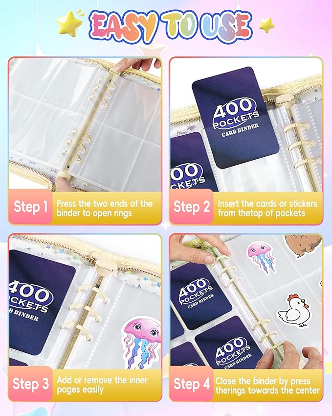 4 Pocket Card Binder with 20 Stickers, A5 Kpop Photocard Binder for 400 Cards, Trading Card Binder, Card Collection Binder, Cute Mini Card Binder for Gifts