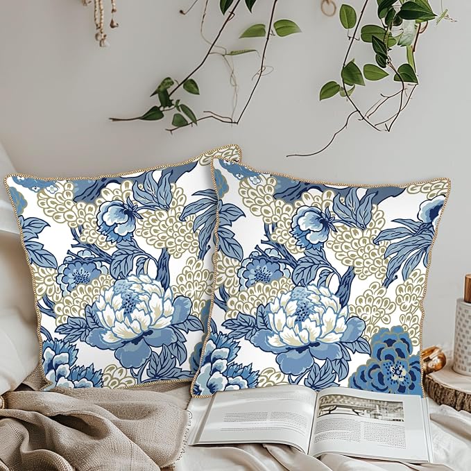 KSLIDS Vintage Floral Soft Velvet Throw Pillow Covers Set of 2 Blue Beige Floral Decorative Pillow Covers 20x20 Inch Chinoiserie Retro Pillow Case for Sofa Couch Bedroom Farmhouse Home Decor