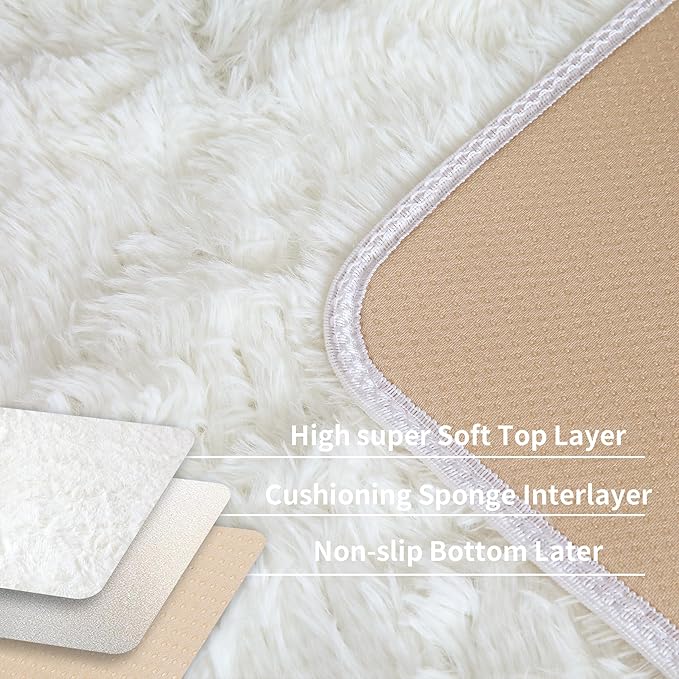 Cream White Fluffy 8x10 Large Area Rug, Soft Washable Shag Carpet | Cute plush fuzzy rug for bedroom, living room, kids room, nursery, baby, and toddler