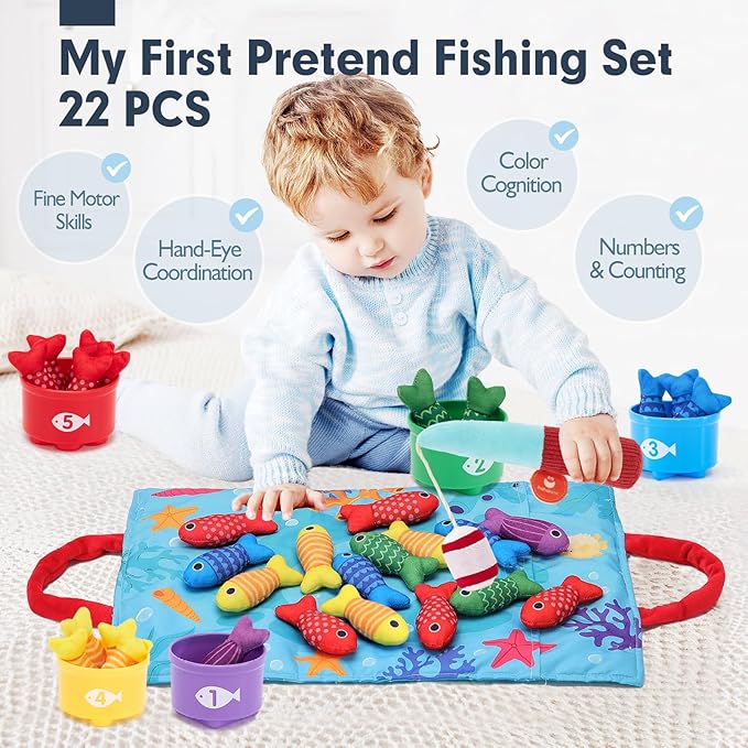 hahaland Montessori Toys for 1 Year Old Boy Girl Birthday Gift - 10 in 1 Cloth Fishing Game Valentines Day Gifts for Toddler Toys 1-3 with Stacking Cups - Number Counting, Color Sorting Learning