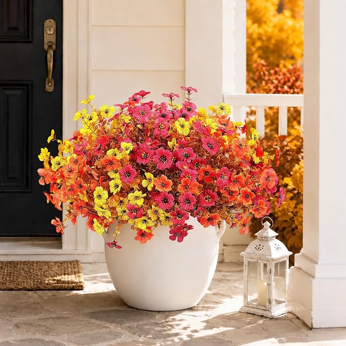 Artificial Faux Mums Flowers Plants for Outdoors Autumn Decoration,12 Bundles Fake Mums Plastic Silk Daisy Fall Flowers Plants UV Resistant Look Real for Outside Planters Patio Porch Yard 3 Multicolor