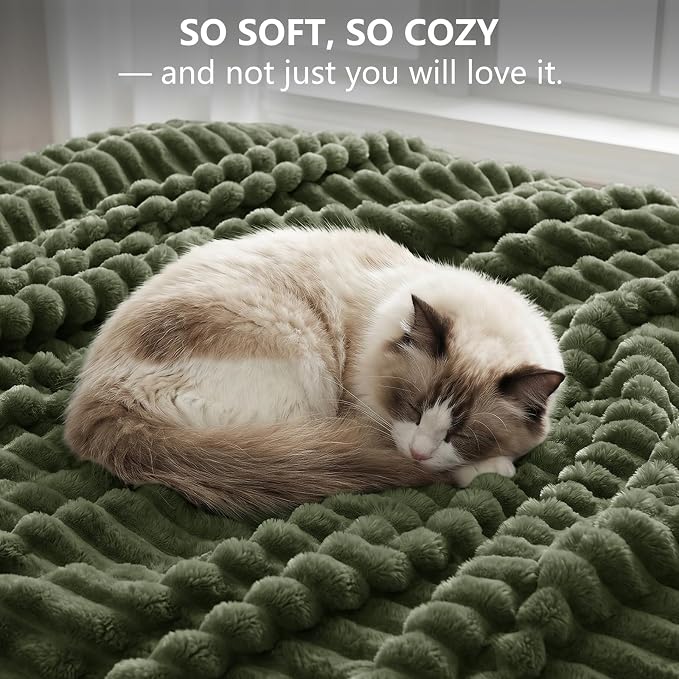 Olive Green Twin Blanket for Bed & Couch, 60 x 80 Inch | 300GSM Ribbed Fleece Blanket, Soft, Cozy & Lightweight, OEKO-TEX Certified, All-Season Use for Travel, Dorm & Home Decor