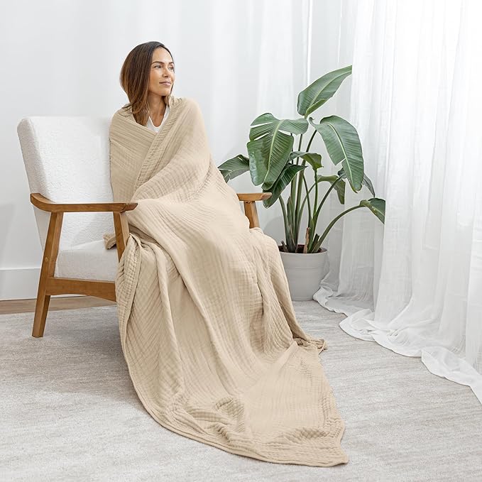 Comfy Cubs Adult Muslin Blanket 50x60” Throw Swaddle Blankets, Sand | 6 Layer Soft, Breathable & Lightweight Muslin Adult Blanket - Machine Washable & Designed in the US Bedding for All Seasons