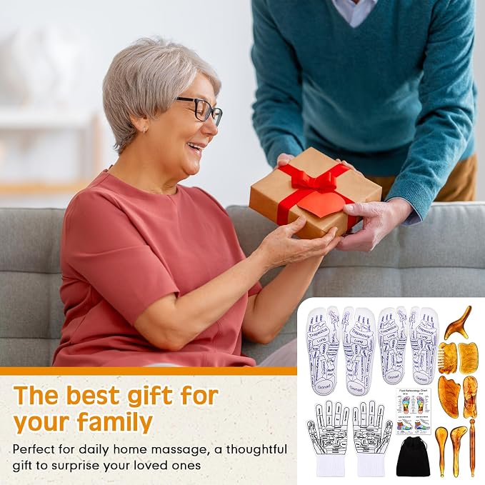 Threlaco 16 Pcs Reflexology Socks and Gloves with Tools Foot Reflexology Socks with Acupressure Gloves & 8 Pcs Massage Point Tools Foot Relief Acupressure Massager Set for Women and Men(Amber)