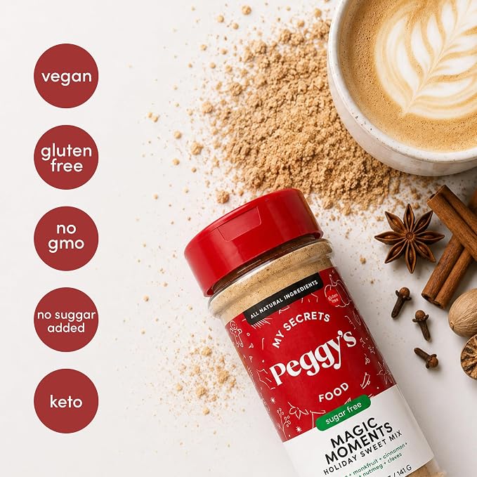 My Secrets Peggy's Food Magic Moments Holiday Sweet Mix - Sugar Free Sweetener with Cinnamon, Ginger, Cloves & Nutmeg - Keto & Gluten-Free Christmas Spice Blend for Baking & Coffee - 4.9 oz