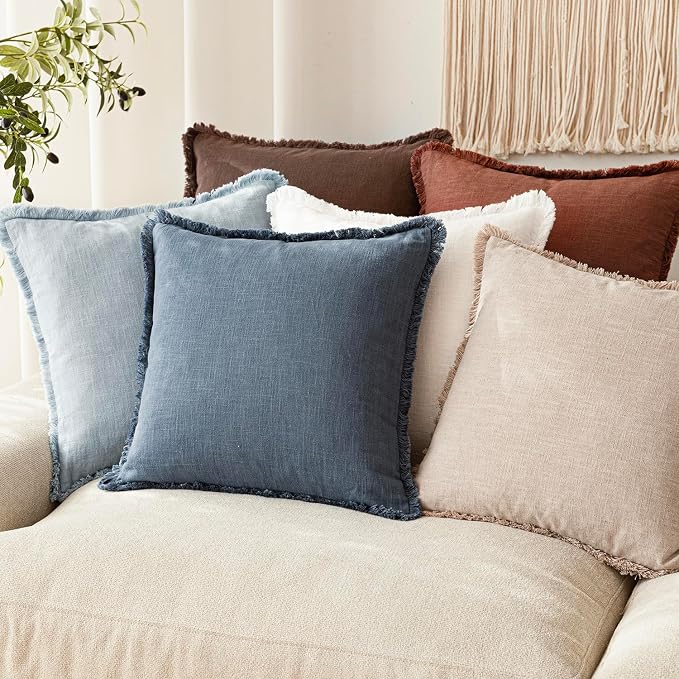 Foindtower Set of 2 Decorative Linen Fringe Throw Pillow Covers Boho Farmhouse Cushion Cover with Tassels Soft Accent Pillowcase for Couch Chair Sofa Bed Living Room Home Decor,20×20 Inch,Sky Blue