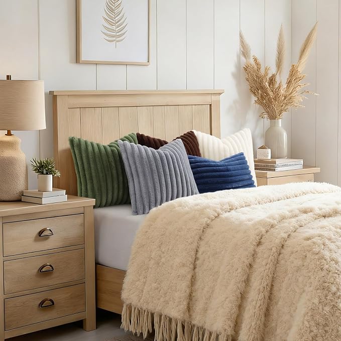 decorUhome Fall Faux Fur Throw Pillow Covers 22x22 Set of 2 Grey | Decorative Soft Cozy Striped Plush Modern Farmhouse Boho Couch Pillow Cases Velvet Back for Sofa Bed Living Room Home Decor