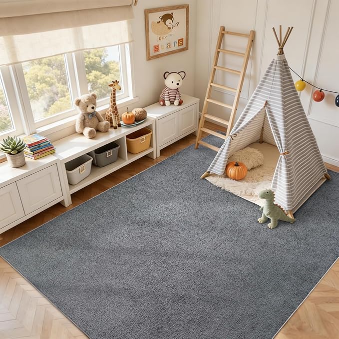 FinRèc 7x10 Washable Area Rugs for Bedroom Living Room, Low Pile Thin Rug Solid Color, Non-Slip Carpet Indoor for Home Decor (Pure Dark Grey)