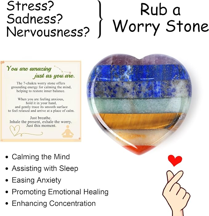 Worry Stone Heart Heart Shaped Crystal Crystals and Healing for Anxiety 7 Chakra Stones Mental Health Depression Stress Meditation Accessories Anxiety Relief Items Valentine Gifts for Women