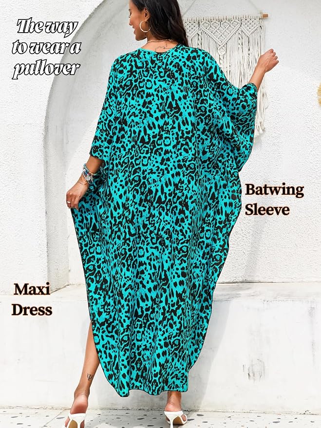 ChiaoLezhee Print Moo-Moos for Women, Kaftan Cover-Up Dresses, Sexy V-Neck High-Slit, Beach Pool-Party Coverups Muumuu Plus