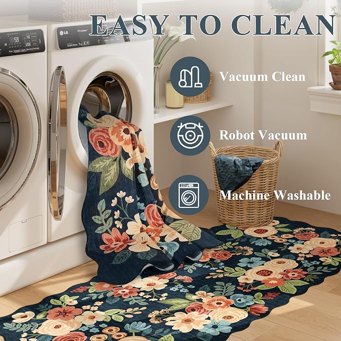 DUKINO 2.6x10 Runner Rug for Hallway, Washable Rug Non Slip, Navy Blue | Non Slip, Low Pile, Soft, Floral Indoor Throw Rug Runner for Entryway, Bedroom, Bathroom, Laundry, Pet Friendly, Home Decor