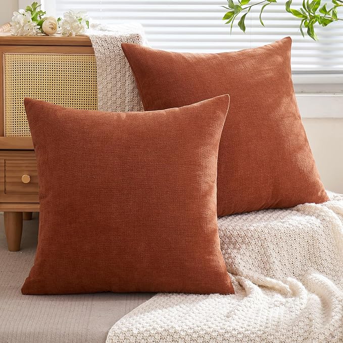 MIULEE Fall Rust Chenille Couch Throw Pillow Covers, 16x16 | Set of 2, Soft Farmhouse Modern Home Decor, Decorative Pillowcases for Sofa Living Room Bed