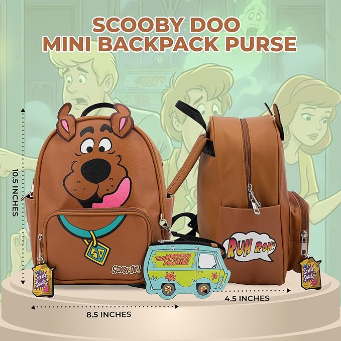 AI ACCESSORY INNOVATIONS Scooby Doo Big Face Cospaly Mini Backpack Purse with Mystery Machine Card Holder, Faux Leather, 10.5 Inch