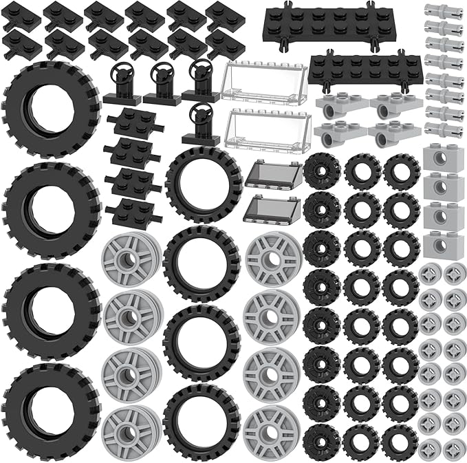 Wheels and Axles Building Block Sets 102PCS Car Parts Building Kit with Tires, Windshield, Chassis & Steering Wheel Compatible with Major Brands