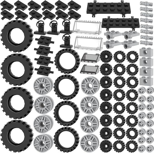 Wheels and Axles Building Block Sets 102PCS Car Parts Building Kit with Tires, Windshield, Chassis & Steering Wheel Compatible with Major Brands