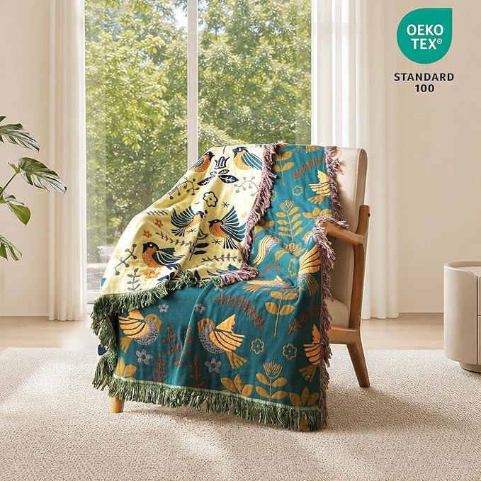 MSGKV Boho Throw Blanket 60"x80" 100% Cotton Bird Quilt for Bed & Couch | 100% Cotton Throw, Bird Quilt Design, Muslin Blanket, Summer Breathable, Farmhouse Decor, Lightweight, Machine Washable