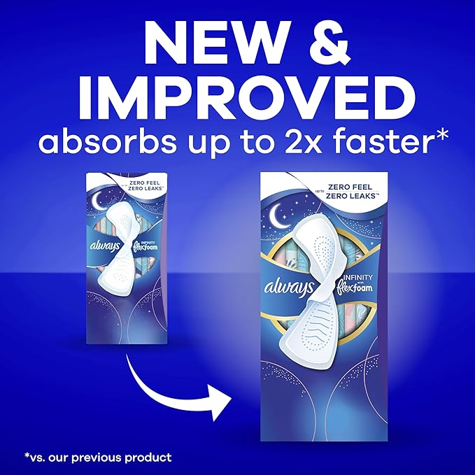 Always Infinity Feminine Pads for Women, Flexfoam Pads with Wings, Size 5, Extra Heavy Overnight Absorbency, Unscented, 66 Count (3 Packs of 22)