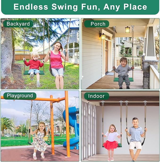 SELEWARE Heavy Duty Swing Seat Replacement for Kids, 2-Pack Outdoor Swing Set Accessories with Adjustable Ropes & Snap Hooks, Plastic Playground Swing for Backyard, Tree, Indoor Play (Black & Green)