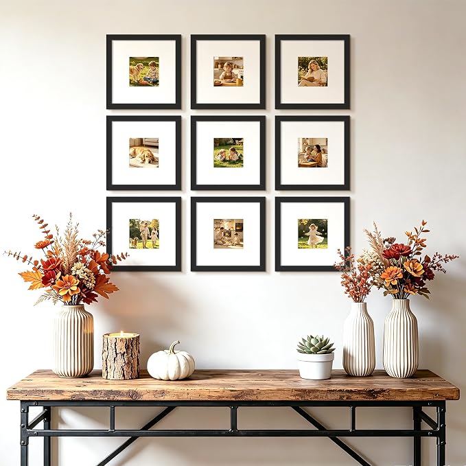 upsimples 8x8 Picture Frame Set of 5, Display Pictures 4x4 with Mat or 8x8 Without, Wall Gallery Poster Frames, Black