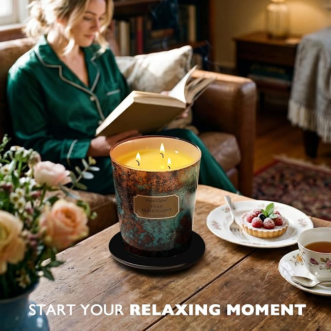 HomeLights Large jar Candle | 3-Wick Long-Lasting Scented Candles, 34oz Natural Soy Wax Candle for Home Scented, Industrial Chic Gifts for Women & Men, Teak Mahogany