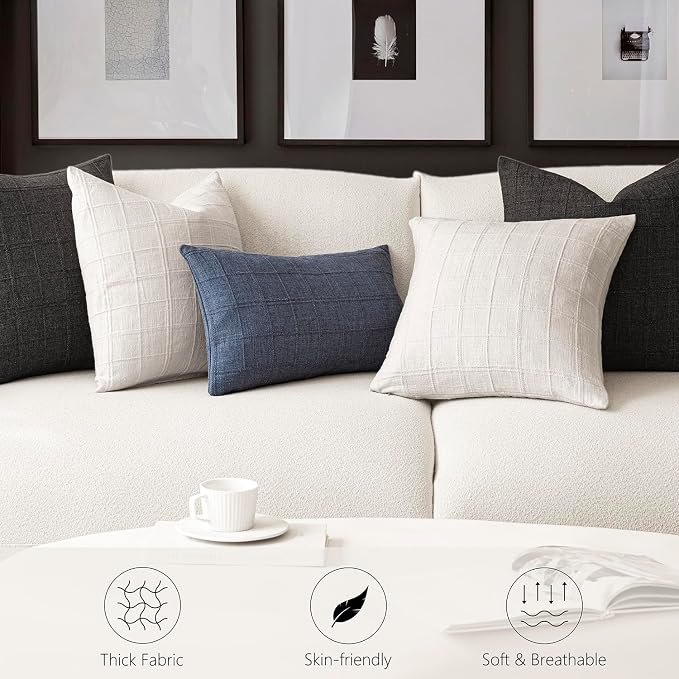 Foindtower Set of 2 Decorative Linen Check Throw Pillow Covers Neutral Farmhouse Vintage Cushion Covers Modern Boho Home Decor for Sofa Chair Couch Bedroom Living Room,24×24 Inch,Cream White