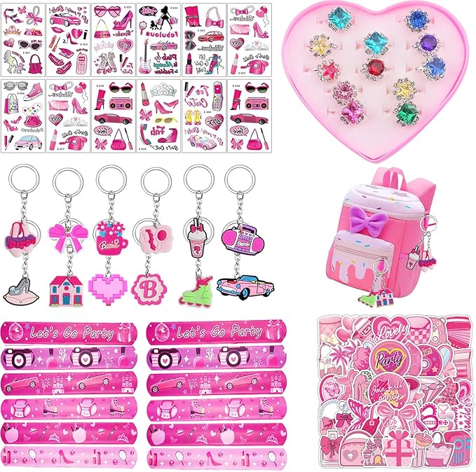 Pink Party Favors 98 Pc Princess Party 12 keychain, 12 Tattoo stickers, 12 bracelets, 12 Glass diamond ring, 50 stickers sheet for Girl Hot Pink Birthday Party Supplies