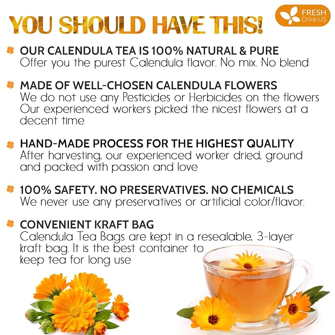 FreshDrinkUS, Premium 55 Calendula Tea Bags, 100% Natural and Pure Calendula Flowers, Eco-conscious Tea Bags. Herbal Tea. No Sugar, No Caffeine, No Gluten, Vegan.