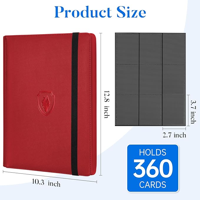 Premium 9 Pocket Card Binder for 360 Cards, Fabmaker PU Cover Trading Card Binder, Sturdy Card Collection Album, Sleek Card Holder Folders for Game Cards & Sports Cards, Red