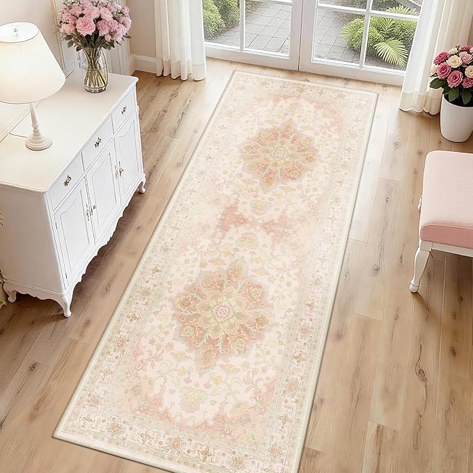 CAPALOCA Runner 2x6 Washable Nursery Girls Low Pile Area Rug Pink Green | Non-Slip Soft Rugs for Bedroom Kids Playroom Living Room, Print Pattern Water Repellent Carpet Indoor Decor