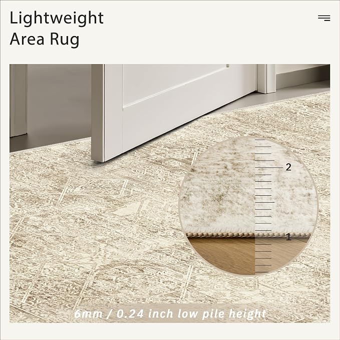 Soalmost Washable Area Rug 8x10 Large Soft Living Room Rugs Light Brown | Farmhouse Vintage Carpet Non-Slip for Dining Bedroom, Stain Resistant Low Pile Foldable Thin Floor Mat Under Table Home Decor