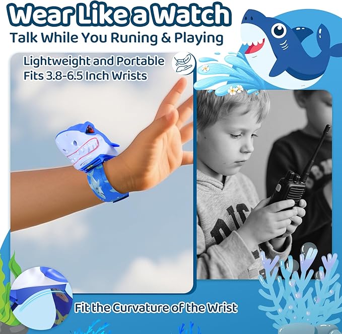 Vvinca Walkie Talkies for Kids 2 Pack - Toys for Boys Age 3-5 5-7 8-12 Christmas Birthday Gifts for Toddlers Adjustable Strap Long Range Clear Sound Camping Outdoor Game Shark Walkie-Talkie