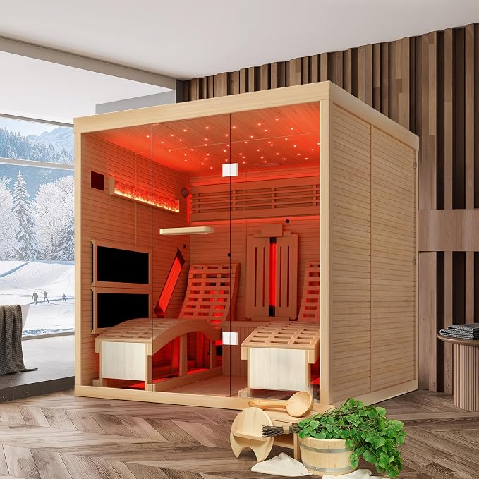 Infrared Sauna,2 Person Luxurious Indoor Sauna with Recliner, Wooden Sauna with 7-Color Starry Ceiling,9 Heating Tubes,5 Carbon Panels,2-in-1 Door Handle,Himalayan Salt Brick,220V