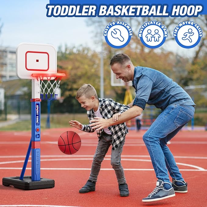 Toddler Basketball Hoop with Scoreboard/LED Basketball Rim/4 Balls, 55" Height Adjustable Basketball Hoop for Kids 3-5, Indoor Outdoor Sport Toys Birthday Gifts for Baby Boys Girls