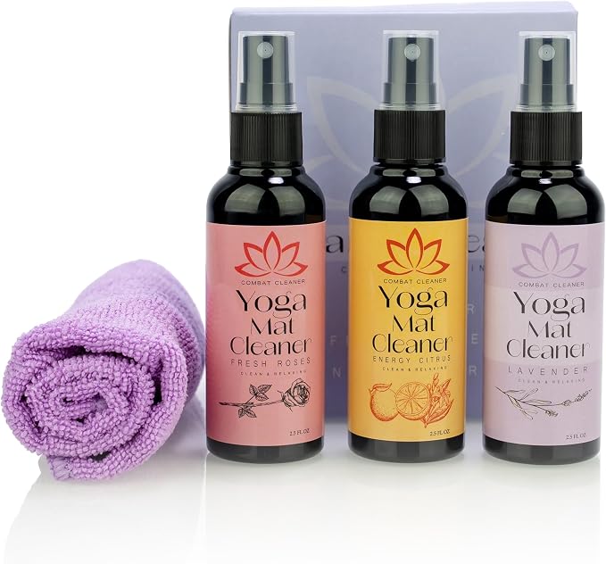 Combat Cleaner Yoga Mat Cleaner Spray Kit (Pack of 3) Includes a Microfiber Towel, Restores and Refreshes Yoga Mats (Lavender, Fresh Roses, Energy Citrus)