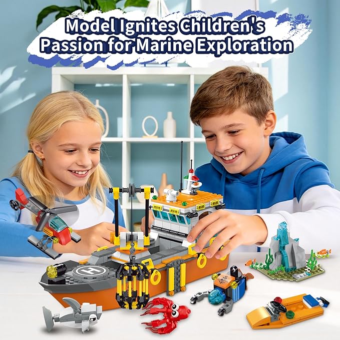 City Ocean Explorer Ship Building Set, Fun Toy Exploration Boat Building Block Kit with LED Lights, Helicopter, Submarine Birthday for Boys Girls Kids 6 8 10+