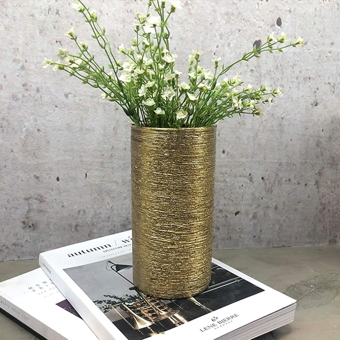 WGV Ceramic Cylinder Vase Width 4" Height 8" Elegant Unique Modern Matte Floral Container Planter Pot Centerpiece for Event Party Wedding Office Home Decor, Gold Textured 1 Piece