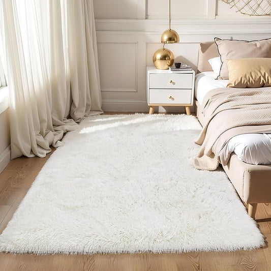 3x5 Cream White Fluffy Shag Rug for Girls Bedroom, Plush Carpet | Area Rug for Living Room, Kids Nursery, Dorm Room, Machine Washable Shaggy Floor Carpet