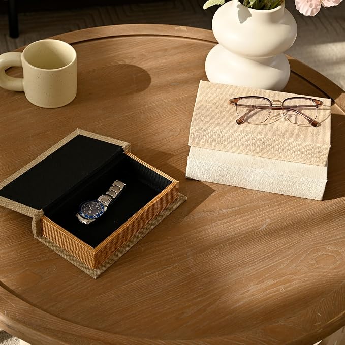DECOR4SEASON Modern Linen and Wood Decorative Faux Book Boxes Set of 3, 8",Taupe,Beige,Off White