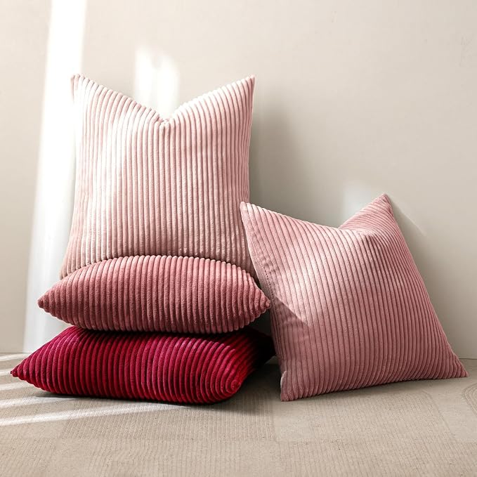 MIULEE Soft Corduroy Decorative Throw Pillow Covers Pink Series 20x20 | Set of 4, Shabby Chic Romantic Decor, Warm Red Pink Palette, Boho Farmhouse Cushion Covers for Couch Bed Sofa Living Room