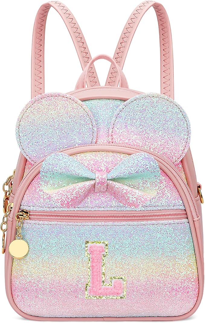 KKXIU Initial Bowknot Mini Backpacks for Girls Women, Small Cute Backpack Purse, Personalized Valentines Day Gifts for Toddler, Kids and Teen Girls(L, Rainbow)