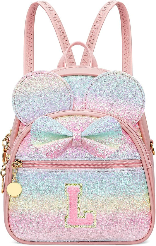 KKXIU Initial Bowknot Mini Backpacks for Girls Women, Small Cute Backpack Purse, Personalized Valentines Day Gifts for Toddler, Kids and Teen Girls(L, Rainbow)
