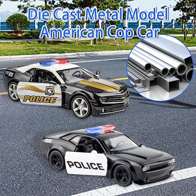 OTONOPI 2 Packs Police Car Toys, 1/36 Die Cast Metal Car Model American Cop Car for Collectible, Police Vehicles Toy Set Challenger and Camaro Pull Back 5 inch City Rescue for Kids Boy Girl Age 3-12