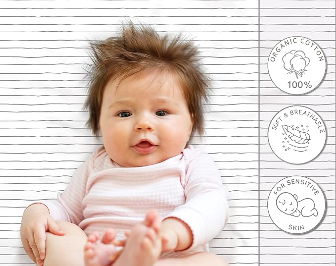 100% Organic Cotton Fitted Travel Crib Sheets, Perfectly Compatible with Guava Lotus, BabyBjorn, Dream On Me and All mattresses 22-26" Wide by 40-44" Long. Strap Holes in Corners. 2 Pk